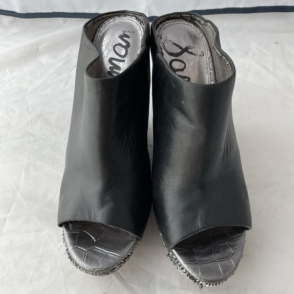Sam Edelman Kylie Wedge Mules Black Leather Peep Toe Heels Women’s Size 7.5 - Picture 2 of 14